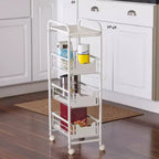 Carrello sottile a 4 ripiani con cestini estraibili: carrello da cucina nero, acciaio verniciato a polvere, ruote con blocco
