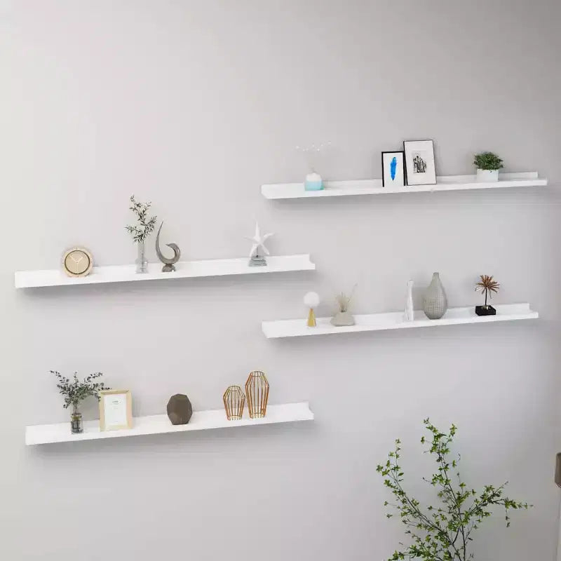 Wall Shelf Set of 4 White MDF Long Wall Shelf Rectangular