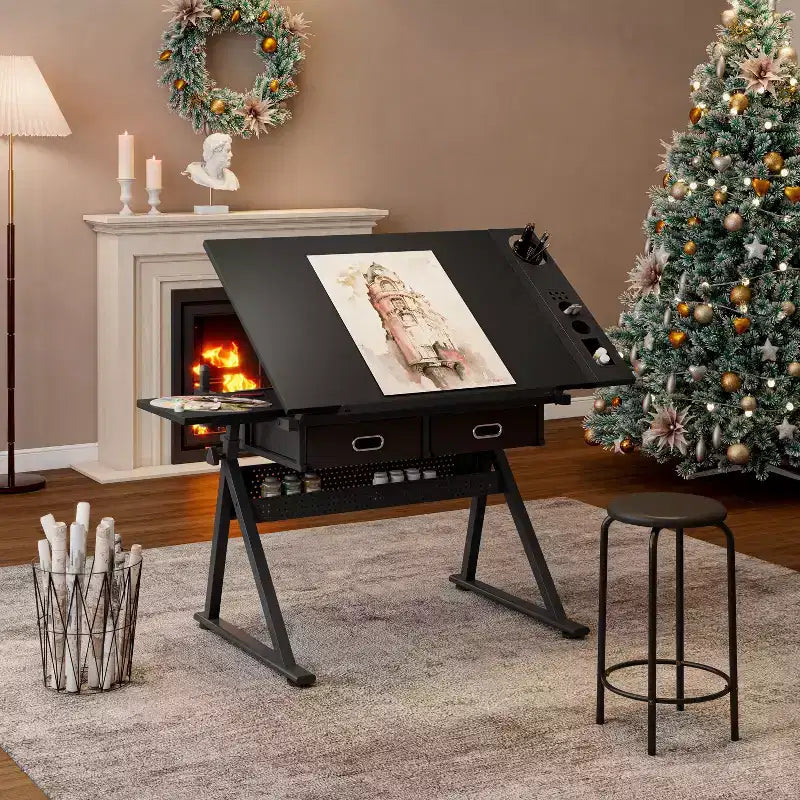 Okak Wooden Adjustable Drawing Drafting Table with 2 Drawers & Shelf,Office & School Drawing Drafting Desk for Adults/Teens