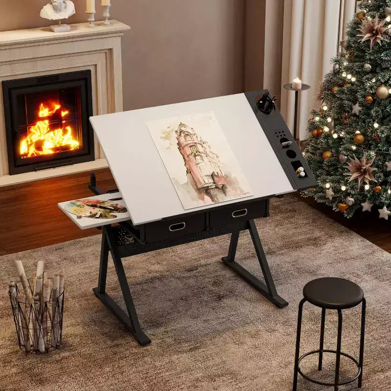 Tavolo da disegno in legno regolabile con 2 cassetti e ripiano, scrivania da disegno per ufficio e scuola per adulti/ragazzi