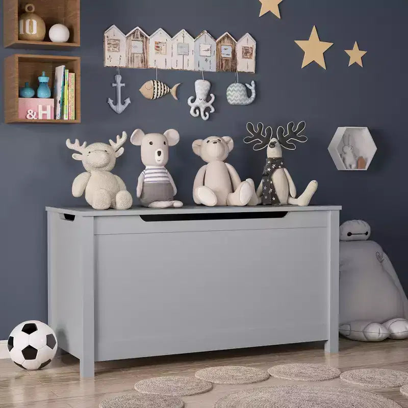 JVNOXK Modern-style wooden toy storage box for children, featuring a safety hinged lid, suitable for children aged 2 and up (Gray)