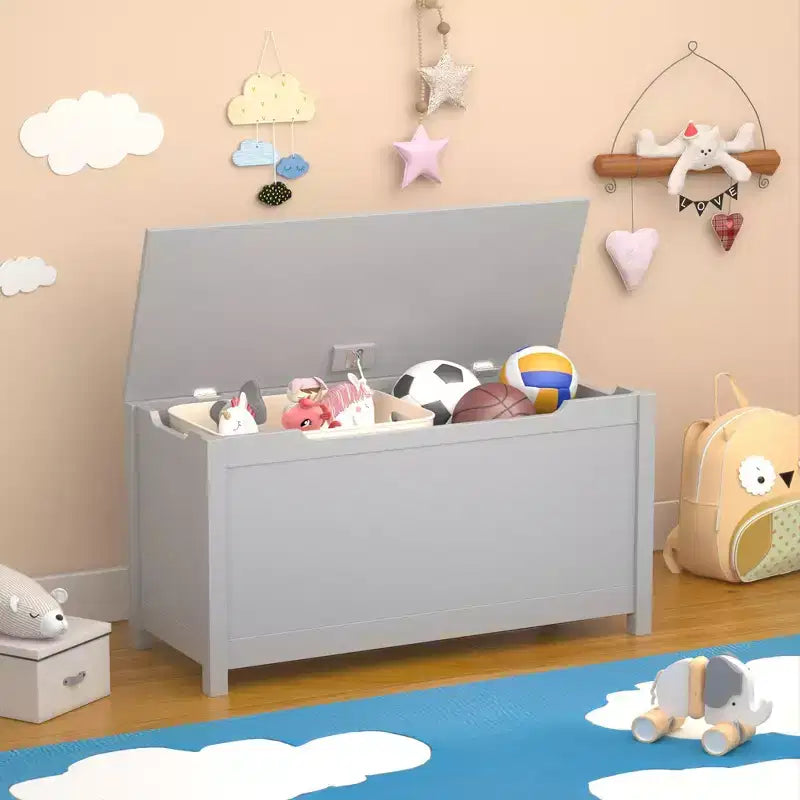 Cesta portagiochi in legno in stile moderno per bambini, con coperchio incernierato di sicurezza, adatta a bambini dai 2 anni in su (grigio)