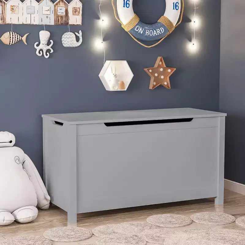 Cesta portagiochi in legno in stile moderno per bambini, con coperchio incernierato di sicurezza, adatta a bambini dai 2 anni in su (grigio)
