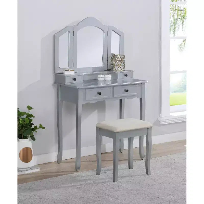 Toeletta Vintage in Legno con Sgabello e Specchio a 3 Ante, Toeletta Trucco con 4 Cassetti e Ripiano, Toeletta Compatta per Camera da Letto, Soggiorno