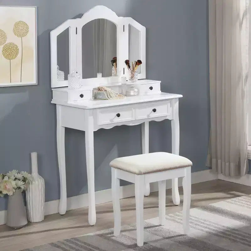 Toeletta Vintage in Legno con Sgabello e Specchio a 3 Ante, Toeletta Trucco con 4 Cassetti e Ripiano, Toeletta Compatta per Camera da Letto, Soggiorno