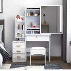 Okak Modern Vanity Desk with Large Mirror, Makeup Vanity with 4 Drawers and Shelves, Girls Vanity with Chair for Bedroom, Vanity Room, White