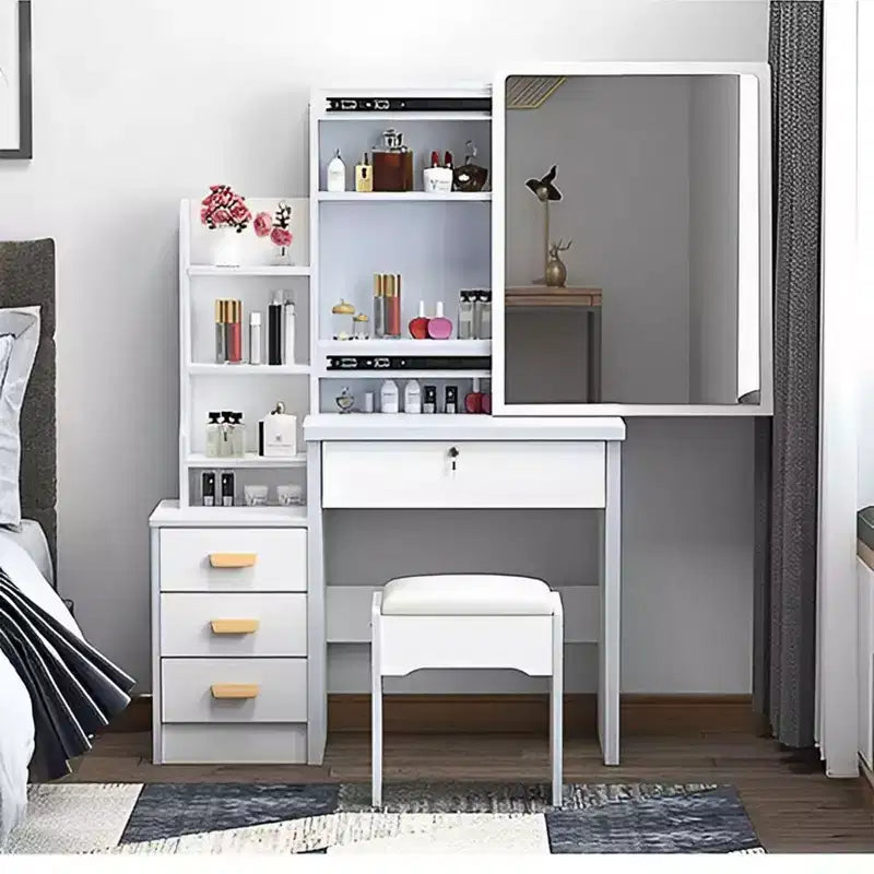 Okak Modern Vanity Desk with Large Mirror, Makeup Vanity with 4 Drawers and Shelves, Girls Vanity with Chair for Bedroom, Vanity Room, White