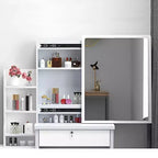Moderna scrivania con specchio grande, mobile trucco con 4 cassetti e mensole, specchiera con sedia per camera da letto, camerino, bianco