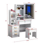 Moderna scrivania con specchio grande, mobile trucco con 4 cassetti e mensole, specchiera con sedia per camera da letto, camerino, bianco