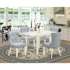 Set Tavolo da Pranzo 4 Sedie - Tessuto Lino Blu e Bianco - Set Cucina Moderno in Legno