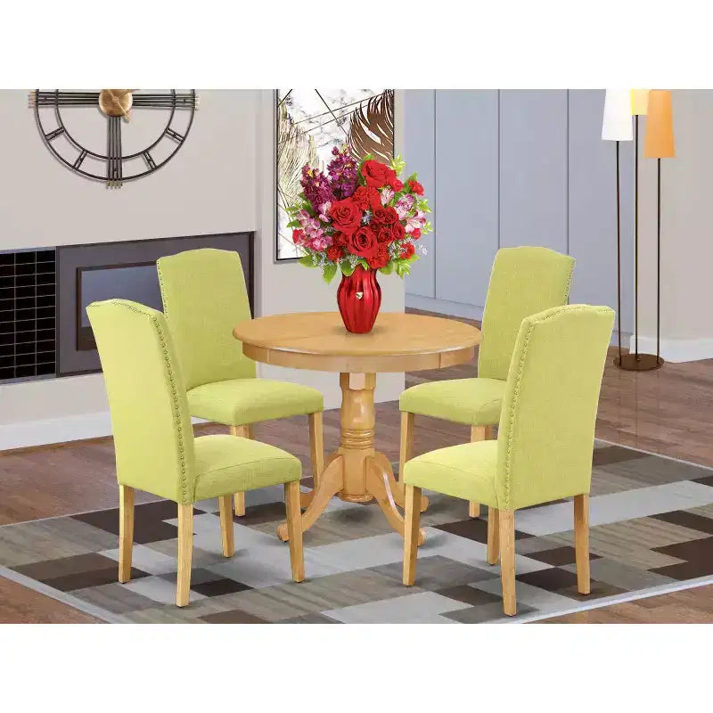 Set da pranzo rotondo moderno 5 pezzi - Tavolo da 36" e 4 sedie - Gambe in rovere, tessuto in lino