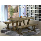 Tavolo da pranzo rettangolare a 3 pezzi con piano in legno massello con finitura Jacobean anticata e 2 panche