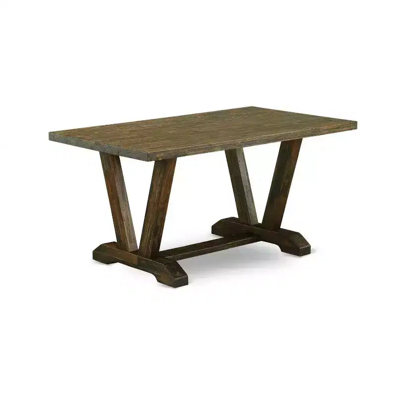 Tavolo da pranzo rettangolare a 3 pezzi con piano in legno massello con finitura Jacobean anticata e 2 panche