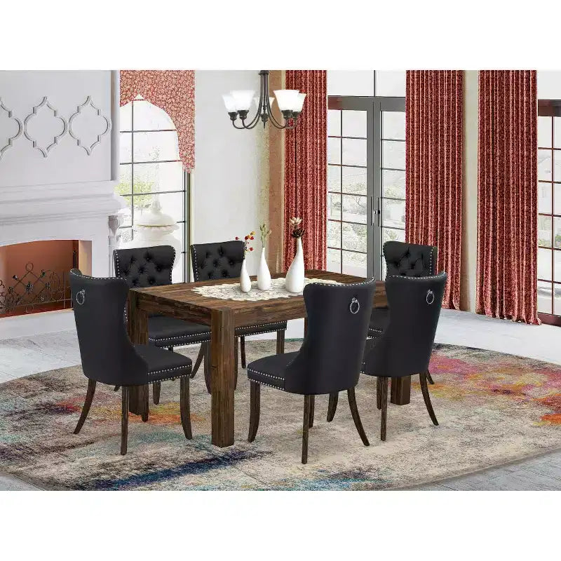 Tavolo da pranzo rettangolare a 7 pezzi con piano in legno massello finitura Jacobean invecchiato e 6 sedie