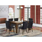 Tavolo da pranzo rettangolare a 7 pezzi con piano in legno massello finitura Jacobean invecchiato e 6 sedie
