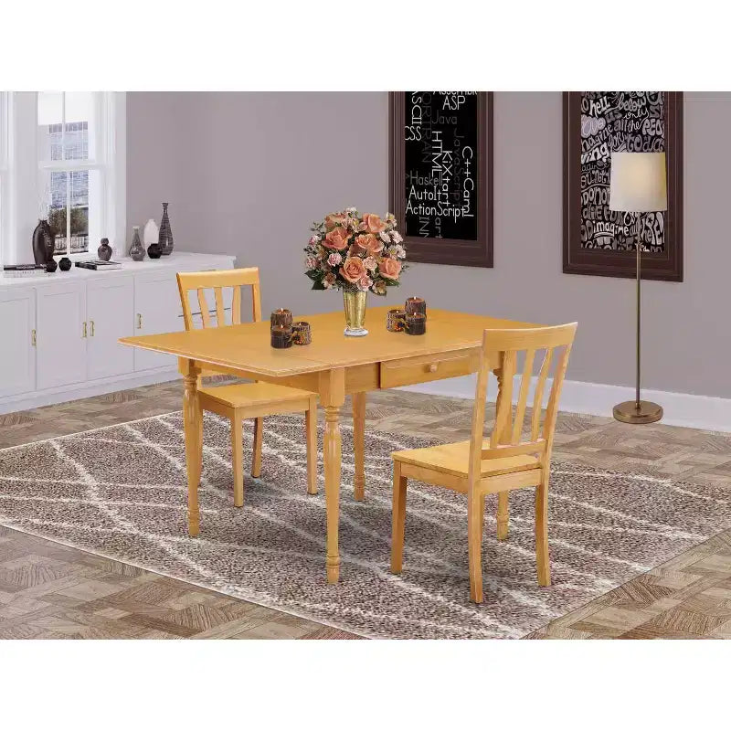 Set da pranzo salvaspazio con tavolo a ribalta a 3 pezzi in legno massello con finitura quercia marrone naturale