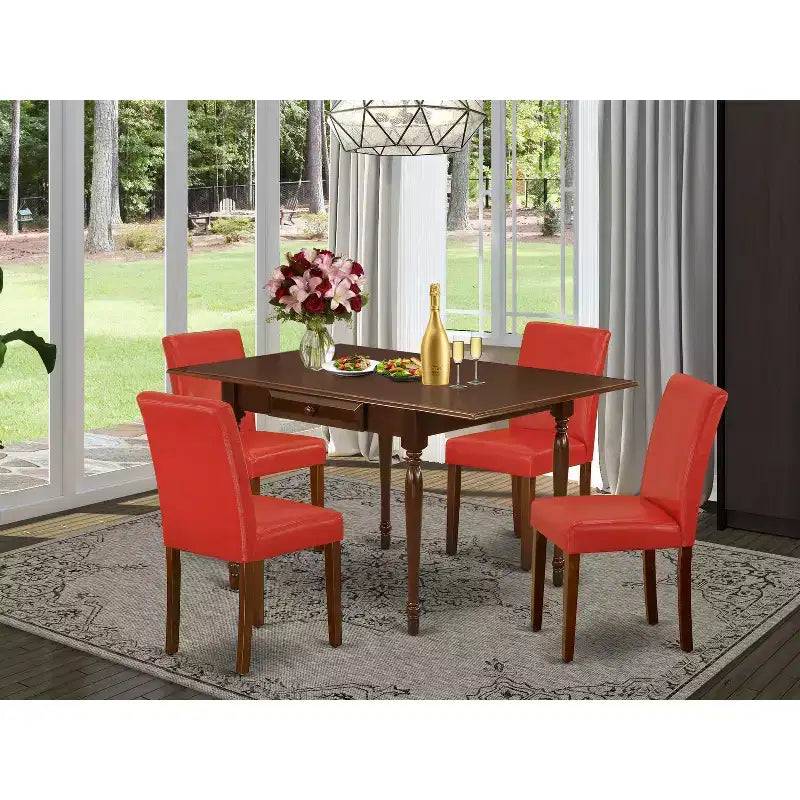 Set da Pranzo 5 Pezzi con Piano in Legno Massello Finitura Mogano e Alette (4 Posti)
