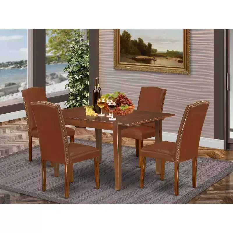 Set da 5 pezzi per sala da pranzo rettangolare in legno massello con finitura mogano e prolunga a farfalla - 4 posti a sedere