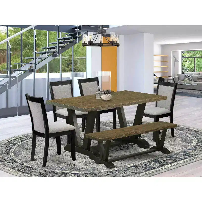 Tavolo da Pranzo 6 Pezzi in Legno Massello Finitura Jacobean Invecchiata con 1 Panca, 4 Sedie Imbottite