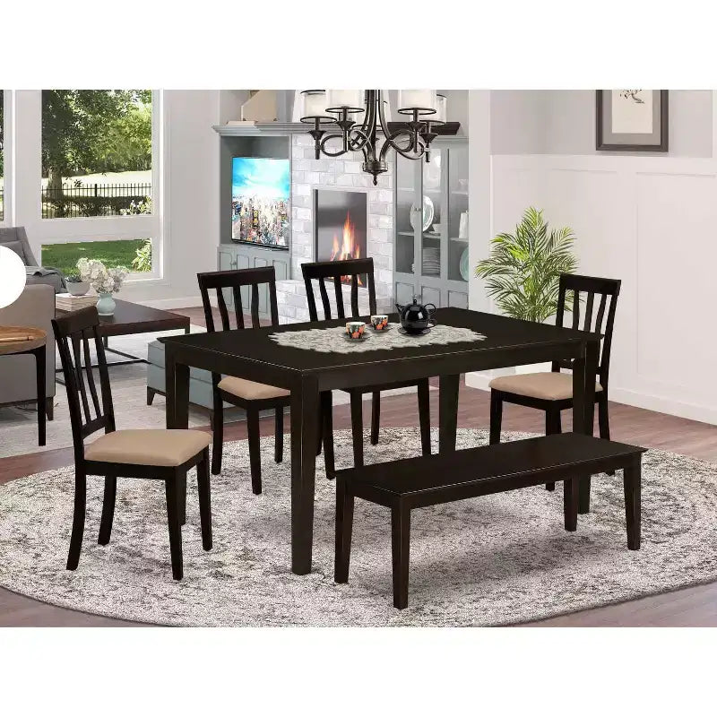Tavolo da pranzo rettangolare a 6 posti con piano in legno massello finitura cappuccino, 1 panca, 4 sedie