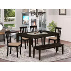 Tavolo da pranzo rettangolare a 6 posti con piano in legno massello finitura cappuccino, 1 panca, 4 sedie