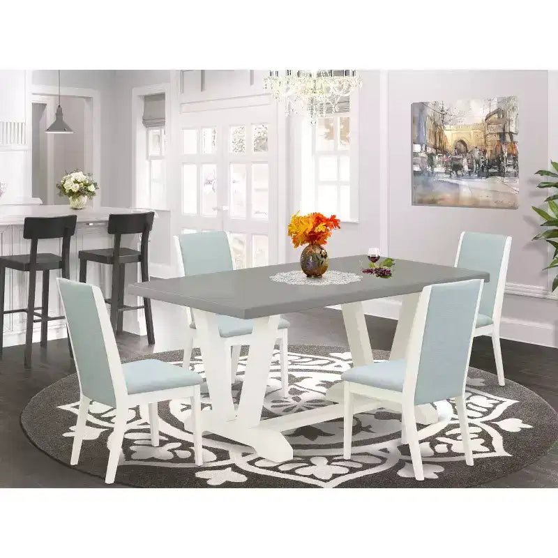 Tavolo da pranzo rettangolare a 5 pezzi con piano in legno massello con finitura in rovere naturale e 4 sedie