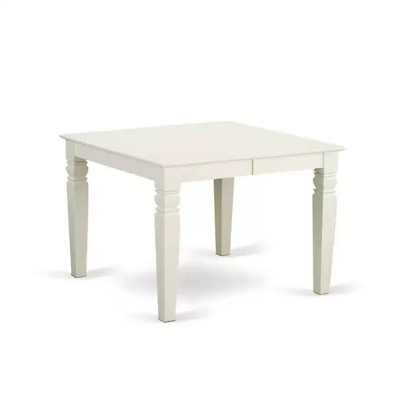Tavolo da pranzo rettangolare a 5 pezzi in lino bianco con piano in legno massello e 4 sedie con schienale a doghe e prolunga a farfalla
