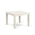 Tavolo da pranzo rettangolare a 5 pezzi in lino bianco con piano in legno massello e 4 sedie con schienale a doghe e prolunga a farfalla