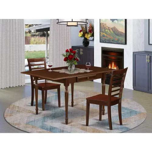 Set da pranzo 3 pezzi con piano in legno massello finitura mogano e tavolo con ribalte