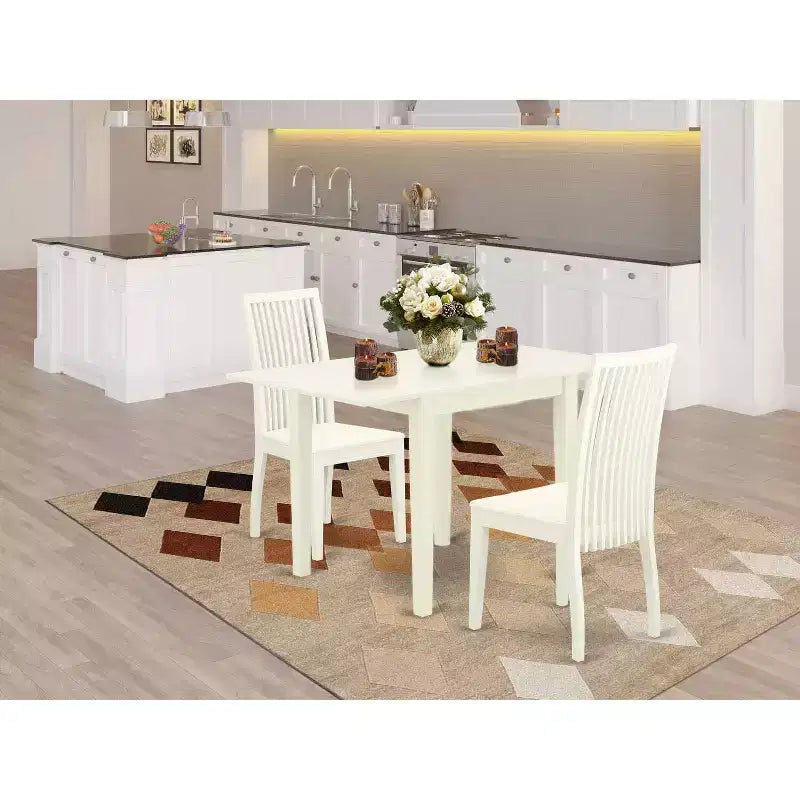 Set da tavolo da pranzo 3 pezzi in legno massello con finitura bianca lino