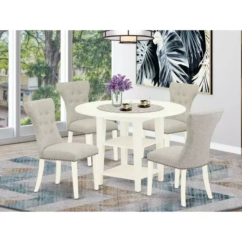 Set da pranzo rotondo da 5 pezzi in legno massello con finitura lino bianco e prolunga - 4 posti a sedere
