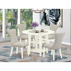 Set da pranzo rotondo da 5 pezzi in legno massello con finitura lino bianco e prolunga - 4 posti a sedere
