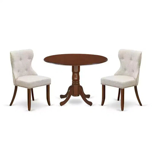 3-Piece Mahogany Finish Solid Wood Top - Round Dining Room Set Seats-4