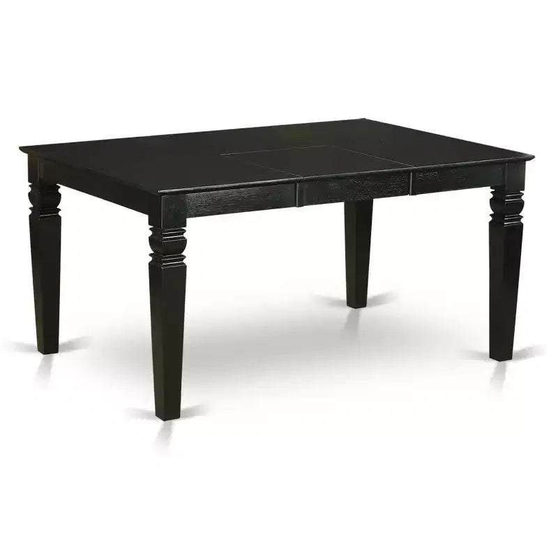 Tavolo da pranzo rettangolare a 7 pezzi con piano in legno massello nero e 6 sedie con schienale a doghe a farfalla