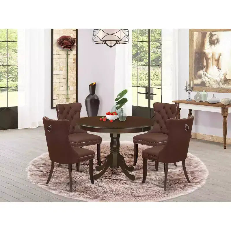 Set da pranzo neoclassico da 5 pezzi - Tavolo da cucina rotondo e 4 sedie Parson bordeaux - Finitura mogano