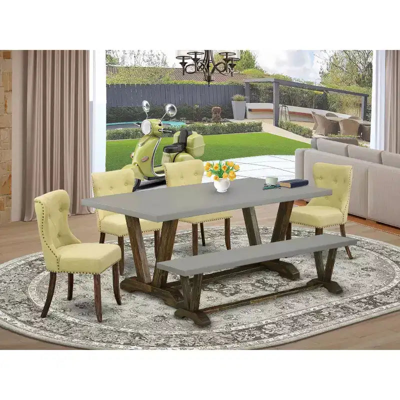 Tavolo da pranzo rettangolare a 6 pezzi in legno massello con finitura Jacobean anticata, con 1 panca e 4 sedie