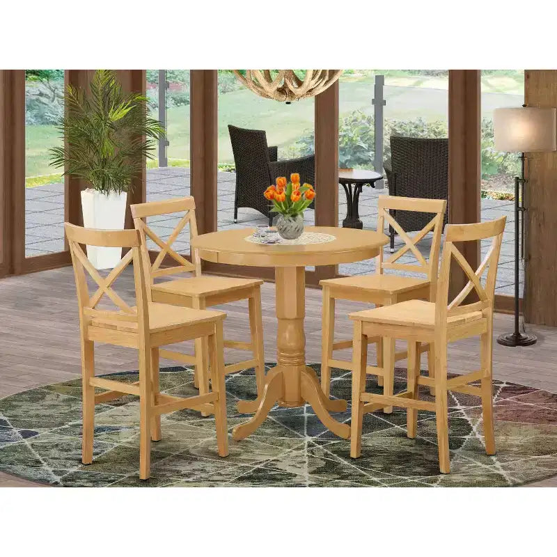 Tavolo da pranzo rotondo a 5 pezzi in legno massello con finitura in rovere naturale e 4 sedie