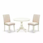 3-Piece Linen White Finish Solid Wood Top-Round Dining Room Set with High Back-Seats 4