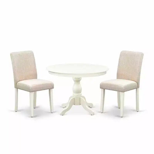 3-Piece Linen White Finish Solid Wood Top-Round Dining Room Set with High Back-Seats 4