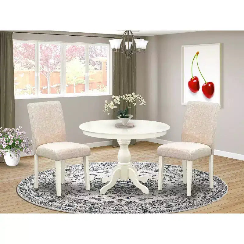 Set Sala da Pranzo Rotondo in Legno Massello con Finitura Lino Bianco a 3 Pezzi, Schienale Alto - 4 Posti