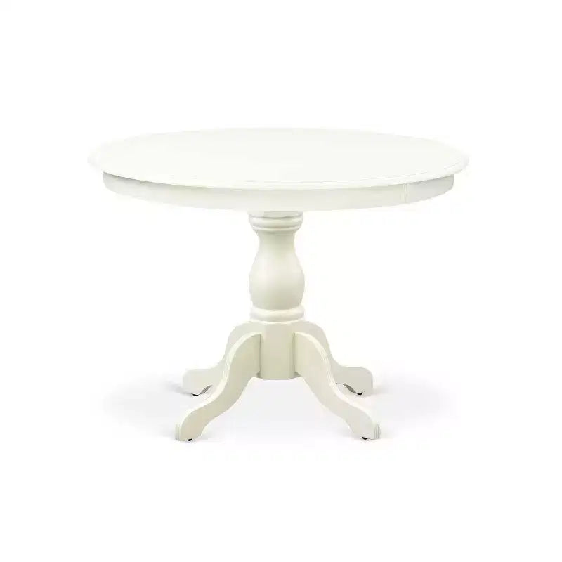 Set Sala da Pranzo Rotondo in Legno Massello con Finitura Lino Bianco a 3 Pezzi, Schienale Alto - 4 Posti