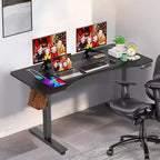 Scrivania elettrica regolabile in altezza 63"x24" con piano ergonomico curvo, presa di corrente, ruote bloccabili, range di sollevamento 27"-46"