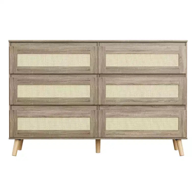 Comò Sei Cassetti da Camera, Cassettiera Moderna a Corpo Largo, Armadio Comò in Legno con Cassetti Intrecciati in Rattan, Adatto per TV da 55 pollici, Soggiorno