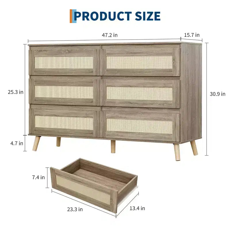 Comò Sei Cassetti da Camera, Cassettiera Moderna a Corpo Largo, Armadio Comò in Legno con Cassetti Intrecciati in Rattan, Adatto per TV da 55 pollici, Soggiorno