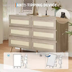 Comò Sei Cassetti da Camera, Cassettiera Moderna a Corpo Largo, Armadio Comò in Legno con Cassetti Intrecciati in Rattan, Adatto per TV da 55 pollici, Soggiorno
