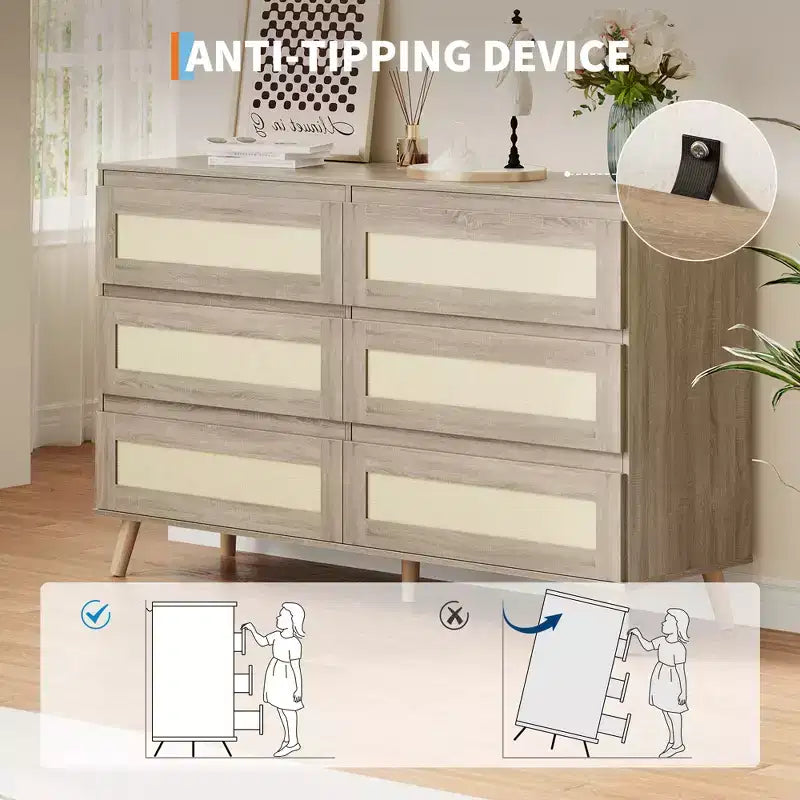 Comò Sei Cassetti da Camera, Cassettiera Moderna a Corpo Largo, Armadio Comò in Legno con Cassetti Intrecciati in Rattan, Adatto per TV da 55 pollici, Soggiorno