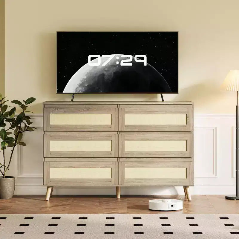 Comò Sei Cassetti da Camera, Cassettiera Moderna a Corpo Largo, Armadio Comò in Legno con Cassetti Intrecciati in Rattan, Adatto per TV da 55 pollici, Soggiorno
