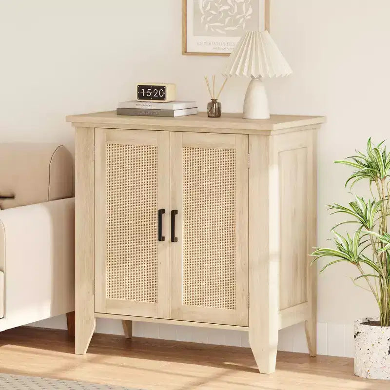 Madia contenitore in rattan bianco con ante e ripiani, adatta per ingressi, sale da pranzo e soggiorni.
