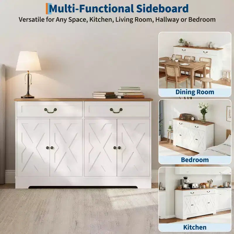 Credenza da fattoria da 57 pollici con contenitore, con 4 ante e 2 cassetti, armadietto da caffè con ripiani regolabili, contenitore multifunzione per sala da pranzo
