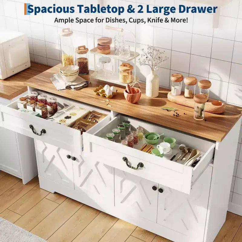 Credenza da fattoria da 57 pollici con contenitore, con 4 ante e 2 cassetti, armadietto da caffè con ripiani regolabili, contenitore multifunzione per sala da pranzo